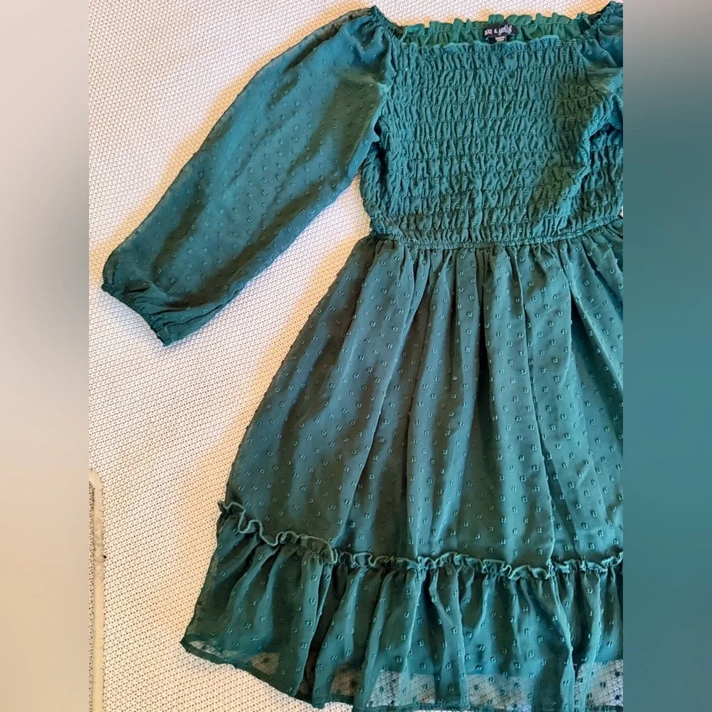 AVA & YELLY Girls Swiss Dot Smocked Semi-Sheer Dark Green Long Sleeve Midi Dress